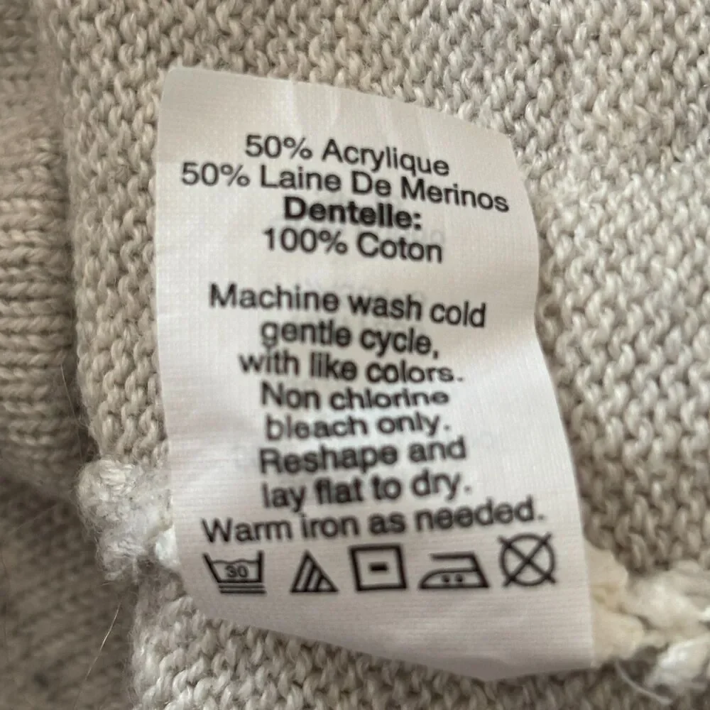 J.Crew Women S Oatmeal Merino Wool Blend Cropped Sweater Crochet Lace Trim #22
